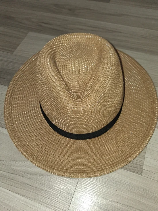 Wide-Brim Straw Fedora Hat with Black Band - Tan