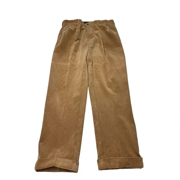 Vintage Polo Ralph Lauren Mens‎ Corduroy Pleated Cuffed Pants Tan Brown 38x32