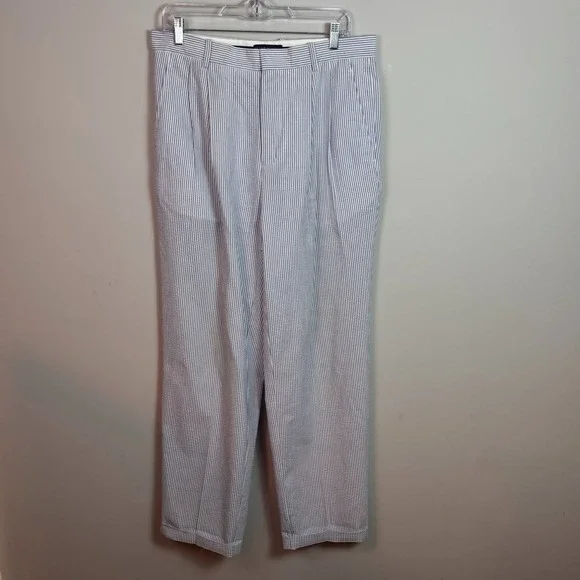 Grant Thomas Mens 100% Cotton Blue white seersucker Pleated pants sz 34 coastal