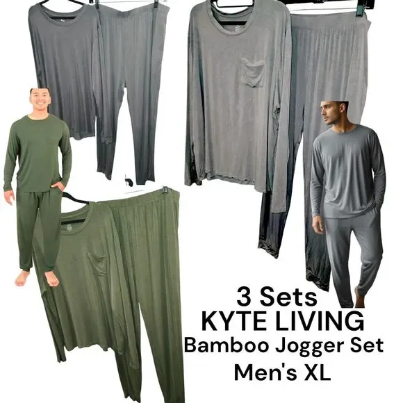 KYTE LIVING 3 Pair LOT Sz XL Olive Green & Gray Bamboo Blend Jogger Pajama Sets
