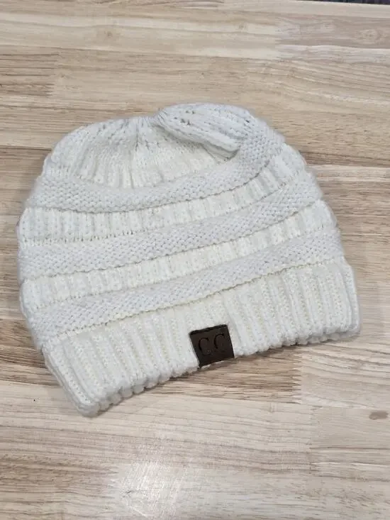C.C Exclusive CC Beanie tail Ponytail Messy Bun Solid Ribbed Knit Beanie Hat