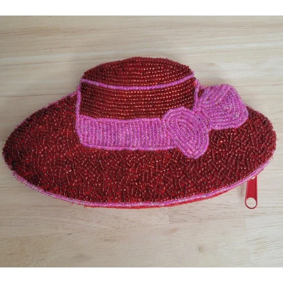 Red Beaded Coin Purse Fashionable Hat Small Bag Red Hat Society Gift Pink Ribbon