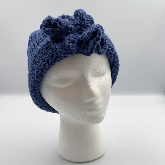 Crochet Handmade Woman's Blue Flower Hat‎ Folded Up