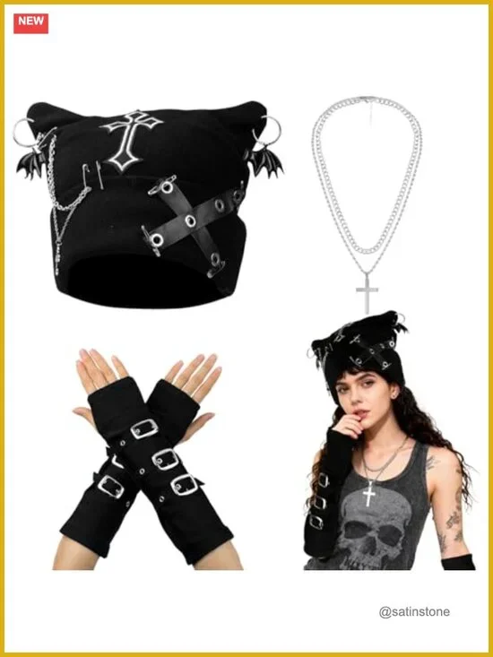 Grunge Cat Ear Beanie Set with Fingerless Gloves and Necklaces