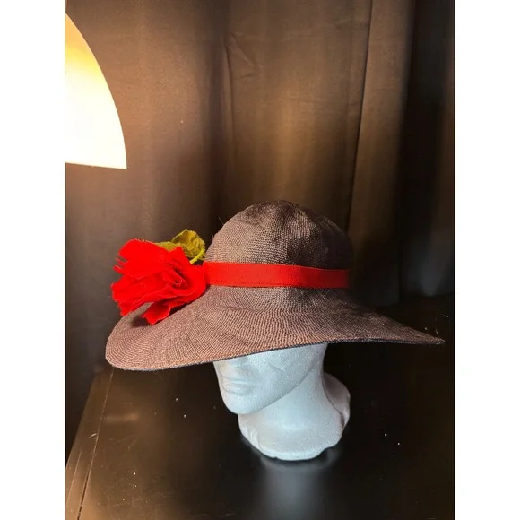 Career Collection Navy Blue Wide Brim Sun Hat Red Rose Accent Straw Style Hat