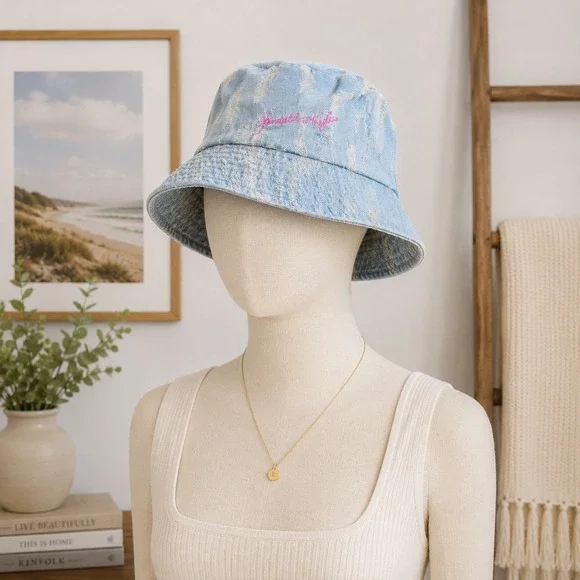 Kendall + Kylie Light Wash Distressed Denim Bucket Hat Pink Logo O/S