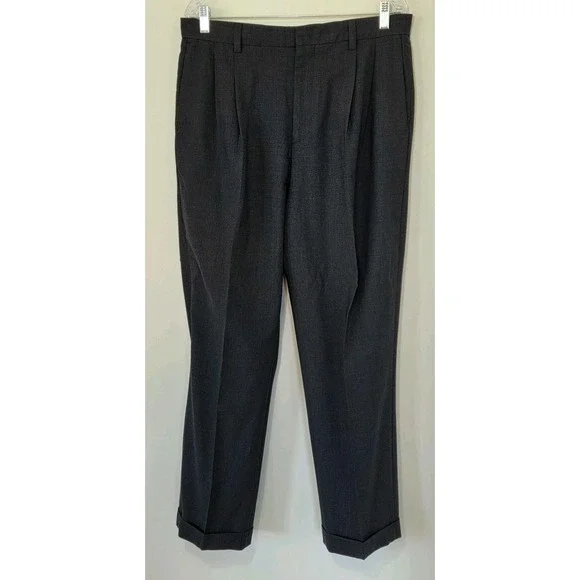 Milano Men's Pleated Cuffed Dress Pants Trousers 34x30 Wool Loose Black