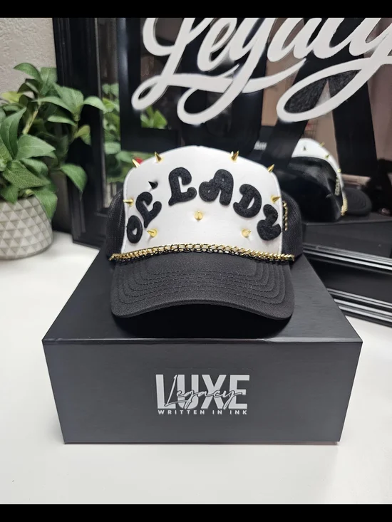 'Ol Lady' Custom Black & White Studded Trucker Hat