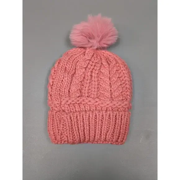 Chunky Knit Beanie Sherpa Lined Pom Cable Knit Fold-Up Cuff Winter Ski Cozy Pink