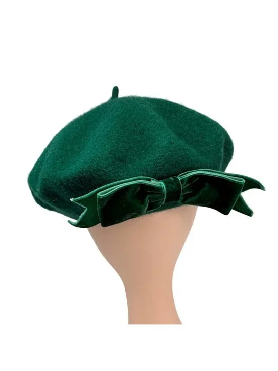 Vintage Emerald Green Wool Beret Velvet Bow Classic Parisian‎ Style Hat