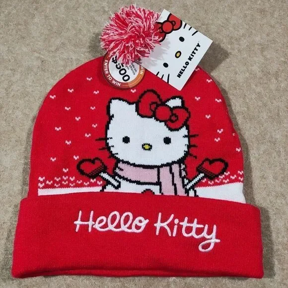 Hello Kitty Adult Red and White Knit Pom Beanie Hat -O