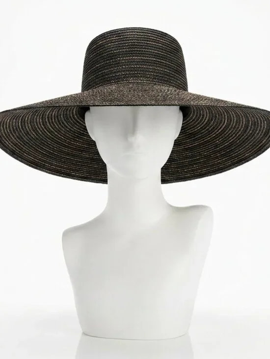 Oversized Black Woven Straw Wide Brim Sun Hat - 17” Diameter