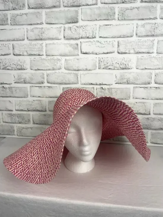 Wide Brim Straw Sun Hat Pink Beige Chevron Floppy Beach Summer Packable