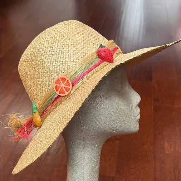 Woven Straw Hat with Fruit Details, Wide Brim Perfect for a Hot Day at the Beach