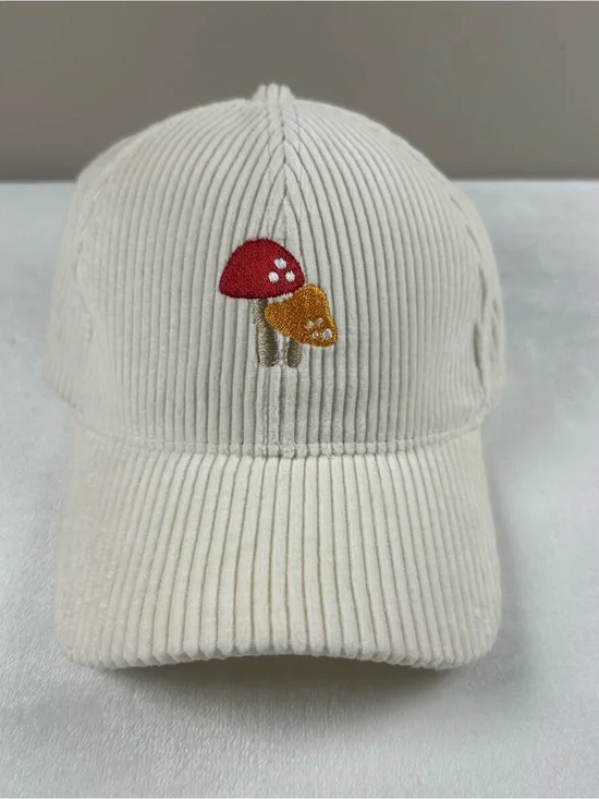 Cream Corduroy Baseball Cap with Embroidered Red & Mustard Mushrooms