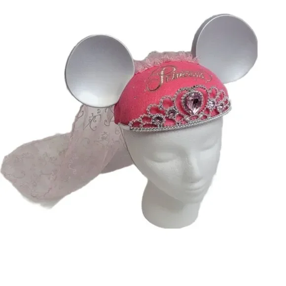 DISNEY hat‎ pink princess crown and veil mouse ears adult size wedding veil