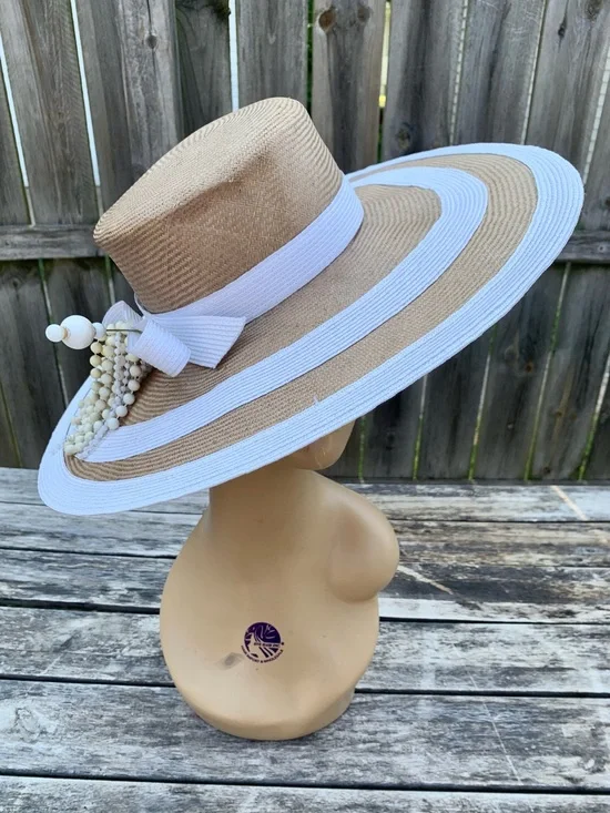 Vintage Don Anderson NY Derby Church Straw Hat w/ Beaded Pin