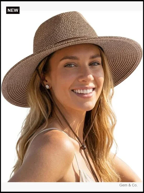 Fedora Straw Sun Hat with Lanyard UPF 50 Travel Beach Hat Packable
