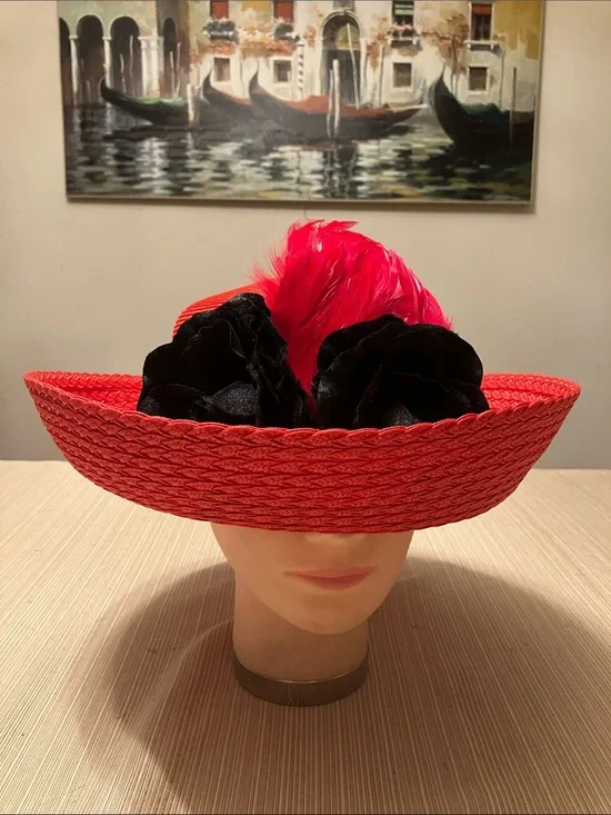 Red Straw Wide-Brimmed Hat with Black Velvet Floral and Red Feather Accents