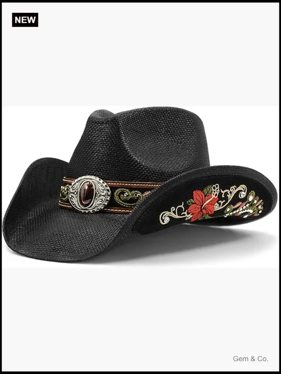Embroidered Straw Cowboy Hat with Floral Design