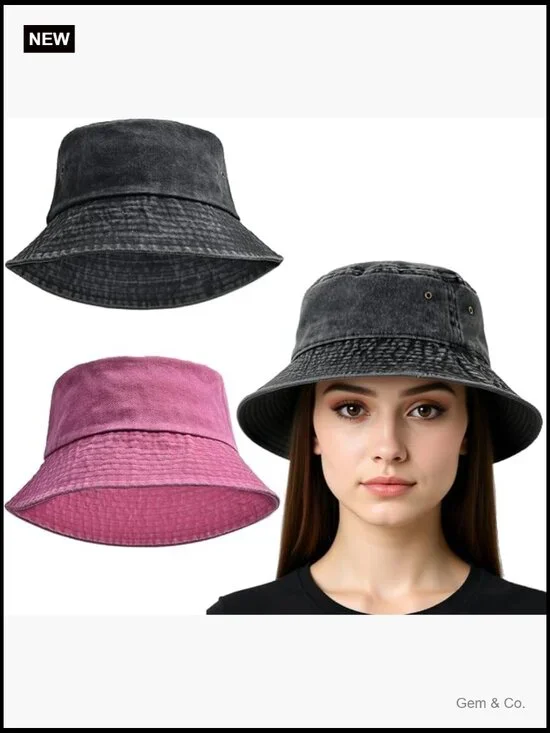 2-Pack Unisex Washed Cotton Bucket Hat with Wide Brim