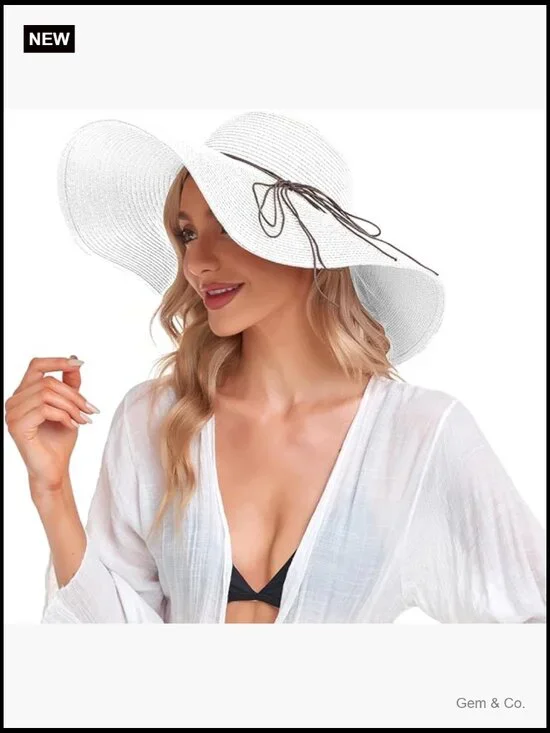 Wide Brim Straw Sun Hat UPF 50+ Foldable Floppy Beach Hat