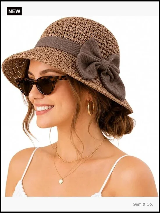 Woven Straw Sun Hat with Bow, Foldable Wide Brim Bucket Hat for Women