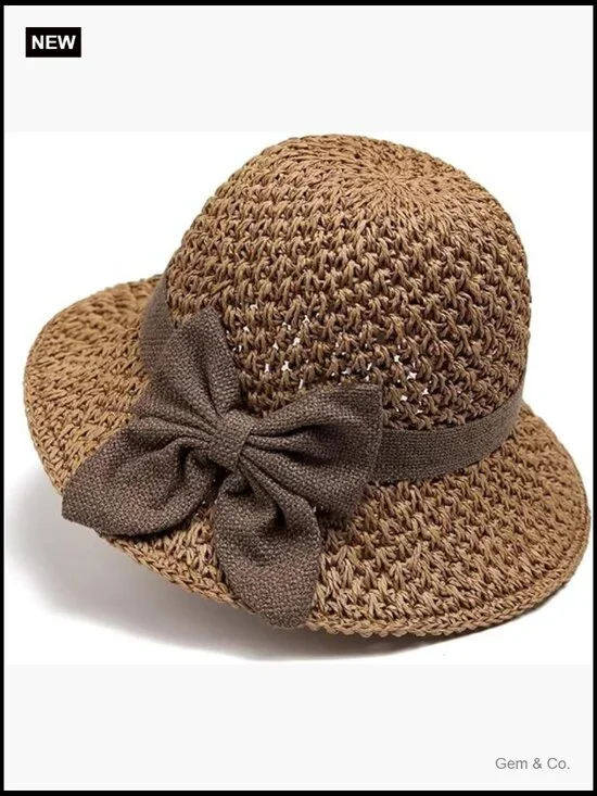 Ruffled Bow Straw Sun Hat Foldable UPF 50+ Breathable for Travel