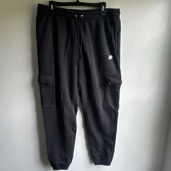 Nike Men’s Black Fleece Cargo Jogger Pants Size L Drawstring Elastic Waist