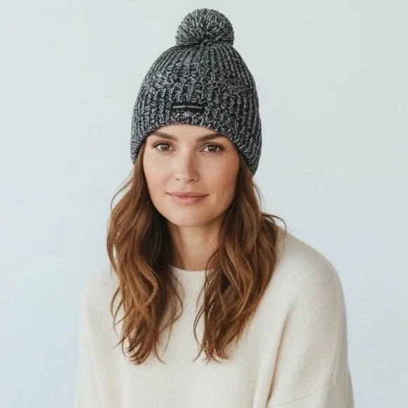 Rebecca Minkoff Black White Marled Knit Pom‎ Pom Beanie Hat