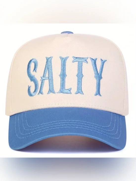 SALTY Embroidered Trucker Hat in White & Light Blue