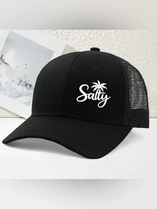 SALTY Black Trucker Hat with White Palm Logo