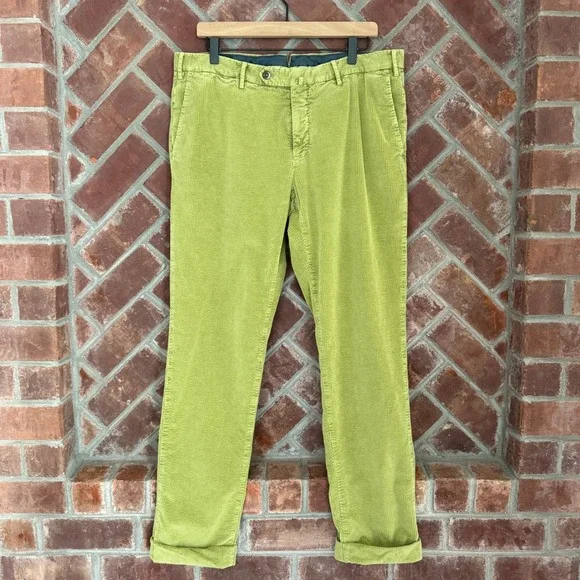 PT Torino Corduroy Pants Mens 52 36x30 Lime Green Slim Fit Stretch Cuffed Italy