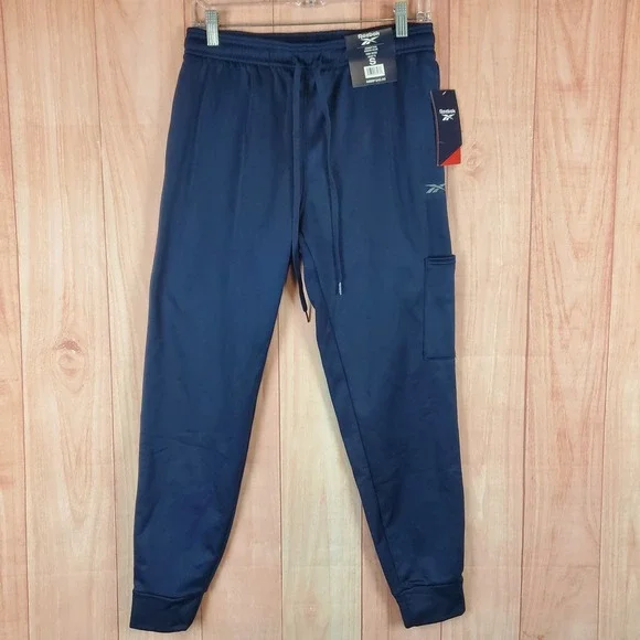 Reebok Cargo Jogger Pants Mens Small Blue Relaxed Fit Fleece Lined Drawstring