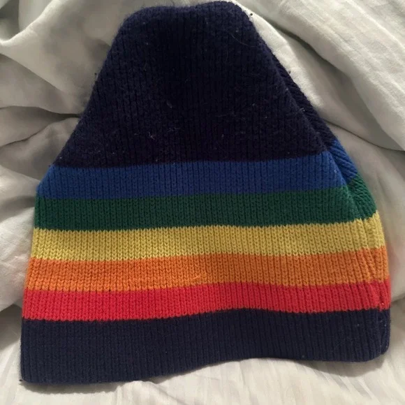 Vintage 80s Rainbow Striped Knit Beanie Ski Toque Wool Cap Hippie Pride Pom Hat