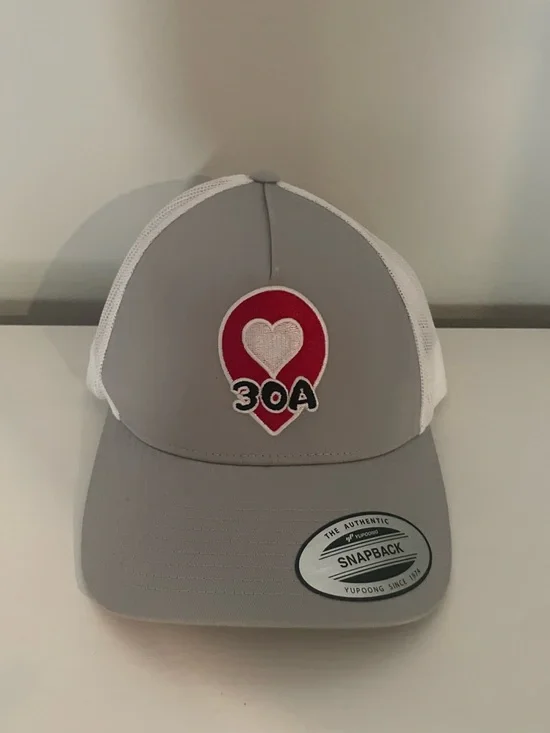 Gray and White  Snapback Hat with 30A Heart Patch