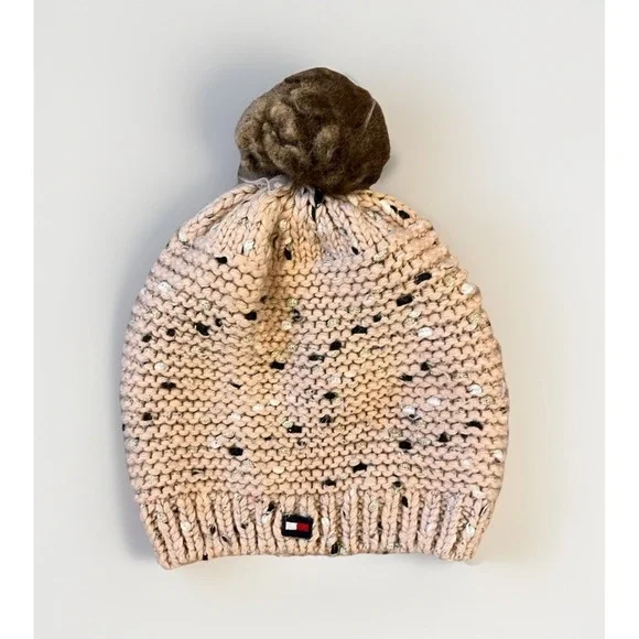 Tommy Hilfiger Women's Beanie Hat One Size Beige With Pom Pom Brown Used