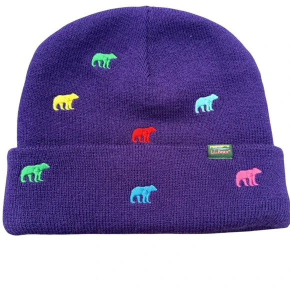 L.L.Bean Purple Polar Bear Embroidered Knit Beanie Hat One Size Multicolor Cuff