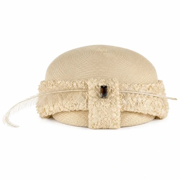 Vintage Cream Straw Pillbox Hat Feather Gemstone Detail Formal Church Wedding