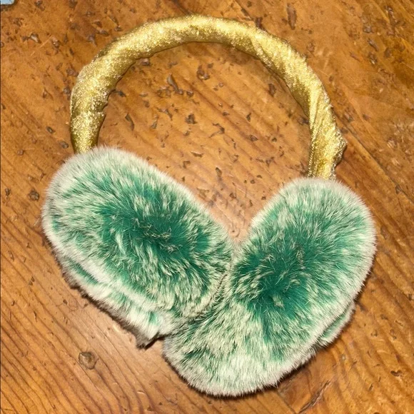 RARE!  ADRIENNE LANDAU Emerald green  REAL Fur Earmuffs UPCYCLED