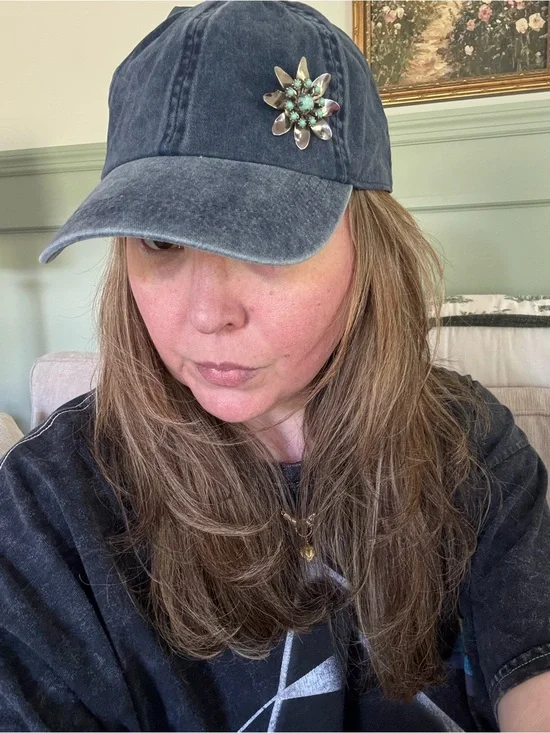 Washed Navy Baseball Cap with Turquoise Floral Brooch