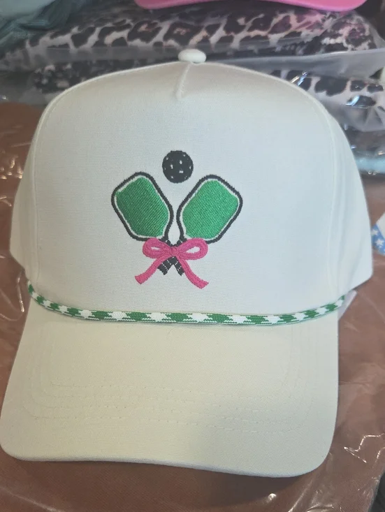 David And Young White Cap with Green Pickleball Paddle Design and Pink Bow