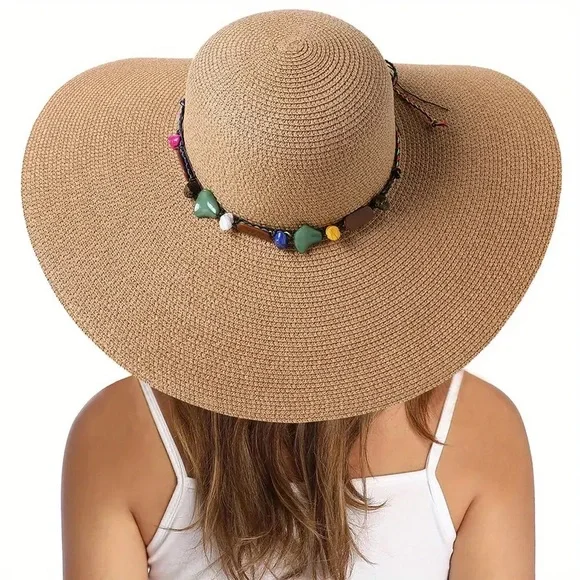 Bohemian Large straw hat with beading detailing with chin strap and bow tie