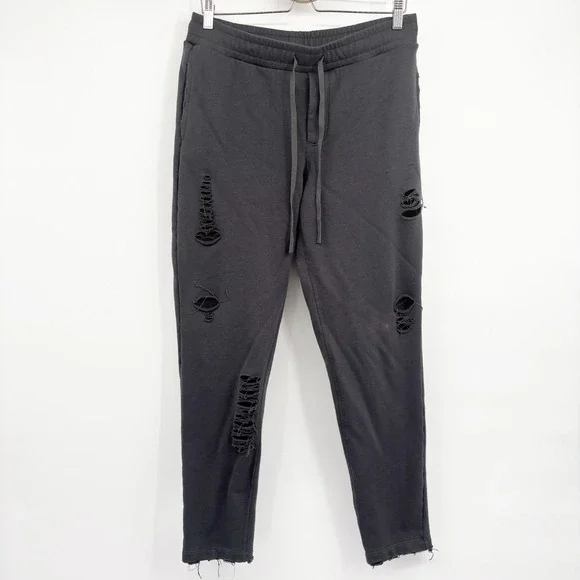 Alo Yoga Mens Distressed Ripped Streetwear Lounge Fleece Joggers Sweatpants Gray