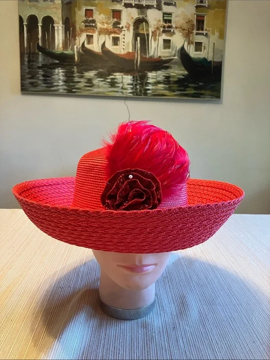 Elegant Women's Red Wide-Brim Straw Hat with Red Floral and Feather Accent