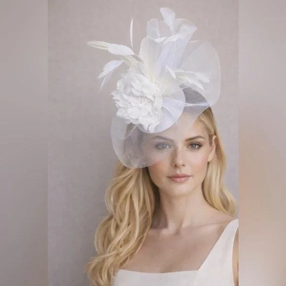 Elegant White Fascinator Feather Floral Bridal Kentucky Derby Oaks Hat Formal