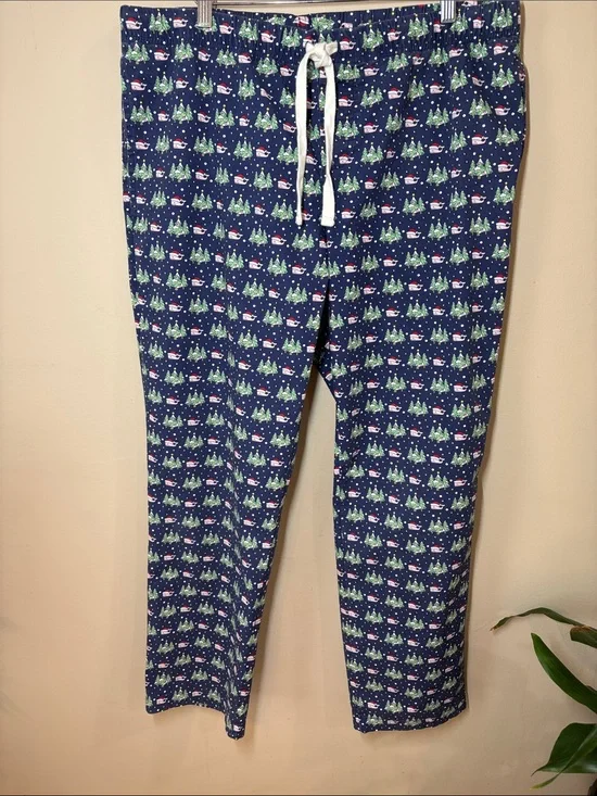 Vineyard Vines Navy Holiday Tree & Santa Whale Print Cotton Pajama Pants, L