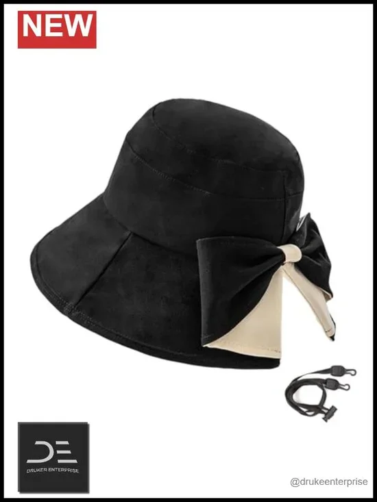 Womens Bucket Sun Hat with Bow Wide Brim Packable Ponytail Beach Hat UPF50+
