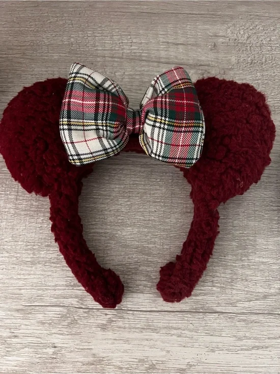 Disney Burgundy Plush Ear Headband with Red Plaid Bow