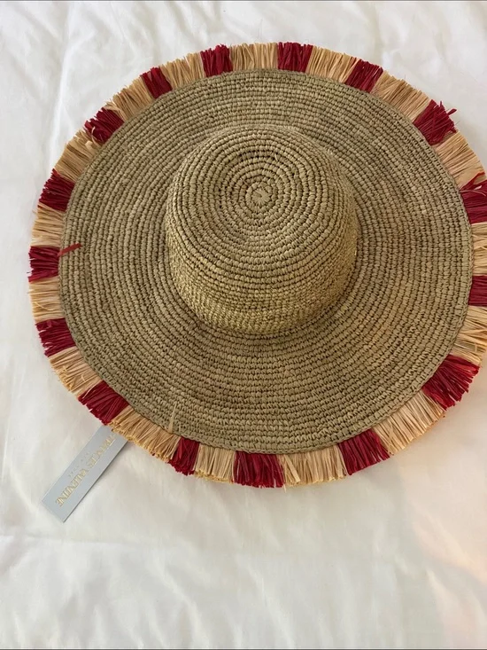 Frances Valentine foldable sun hat with neutral and red raffia trim